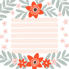 Hand drawn floral card. Red and pink flowers square background, cute vector template with space for text