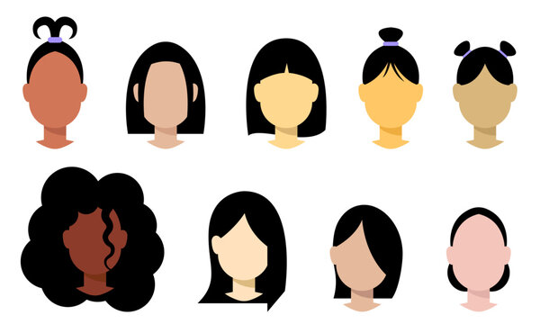 set of female hairstyles flat vector illustration for fashion template element. Girl face with different colour illustration.