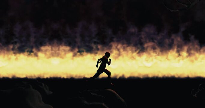 Fantasy hero running in front of fire