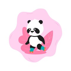 Panda and sport. Vector illustration of panda roller skating. Outdoor sport panda bear character in flat cartoon style.
