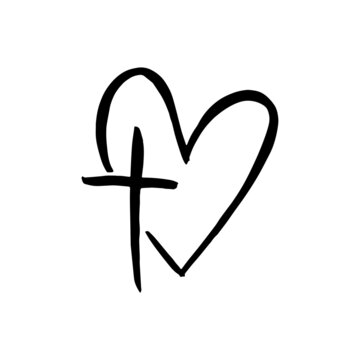 Hand drawn grunge christian cross and heart. Religion symbol vector illustration