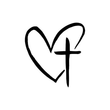 Hand drawn grunge christian cross and heart. Religion symbol vector illustration