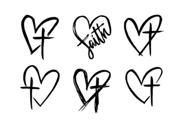 Set of hand drawn grunge christian cross and heart. Religion symbols vector illustration.