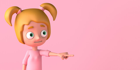 Portrait of girl pointing finger. Copy space. 3D illustration. Cartoon.