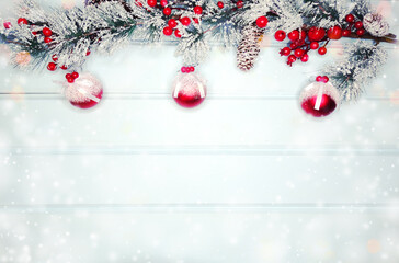winter background with fir branches decor and snow