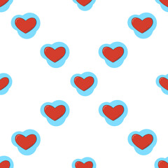 Line art seamless pattern in the form of a red heart on blue figure. Romance graphic texture. Holiday celebration concept. Decorative print. Geometric bright wallpaper. Black contour line
