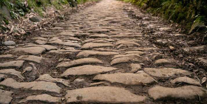 Old muddy stone path. Selective focusing. The road to reach your target is hard.