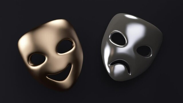 Gold and silver theater mask with emotions. Abstract loop animation