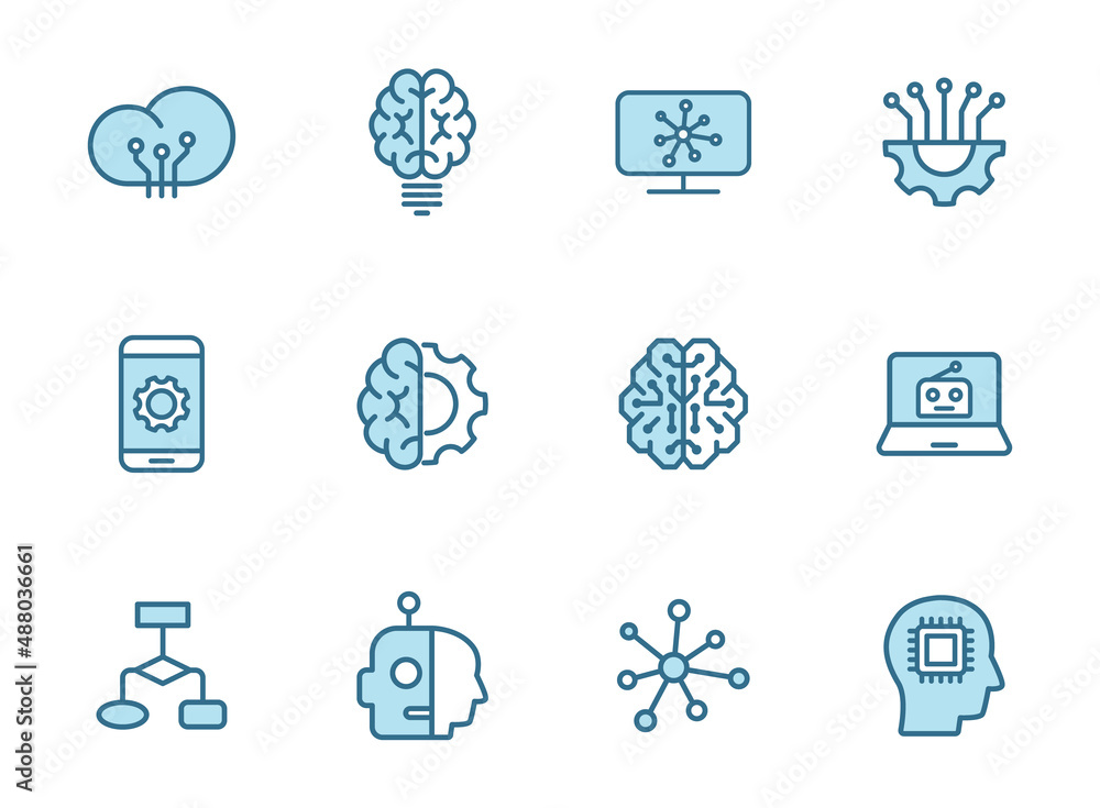 Poster artificial intelligence line filled vector icons in two colors isolated on white background. artific