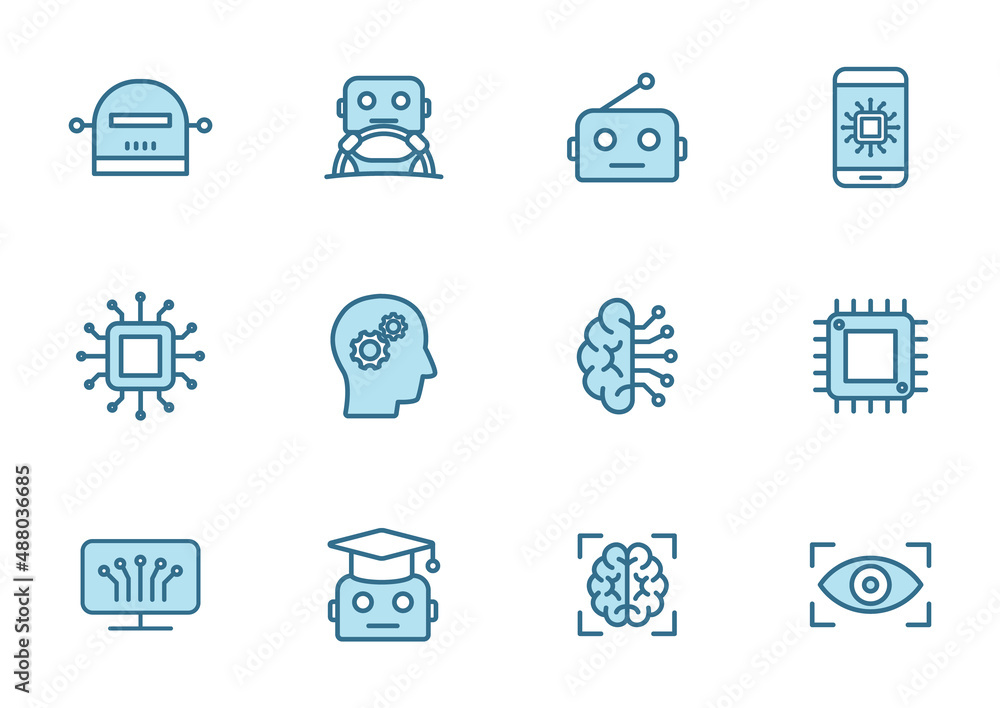 Poster artificial intelligence line filled vector icons in two colors isolated on white background. artific