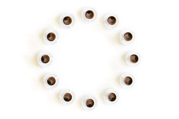 3D Illustration of 12 Coffee Cups Circle Shaped, as Hours in a Clock, Isolated on White Background