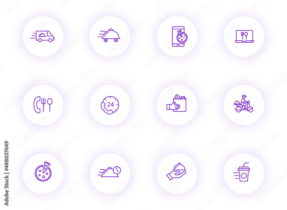 Poster food delivery purple color outline vector icons on light round buttons with purple shadow. food deli