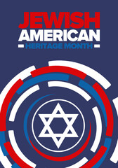 Jewish American Heritage Month. Jewish American contribution to the history United States. Celebrated annual in May. Star of David. Israel symbol. Vector poster, creative illustration