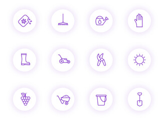 garden purple color outline vector icons on light round buttons with purple shadow. garden icon set for web, mobile apps, ui design and print