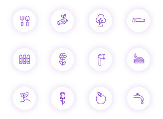 garden purple color outline vector icons on light round buttons with purple shadow. garden icon set for web, mobile apps, ui design and print