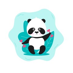 Panda and sport. Cute Panda Gym vector icon. Illustration of panda wirh dumbbells. Animal Sport icon concept Isolated. Flat Cartoon Style.