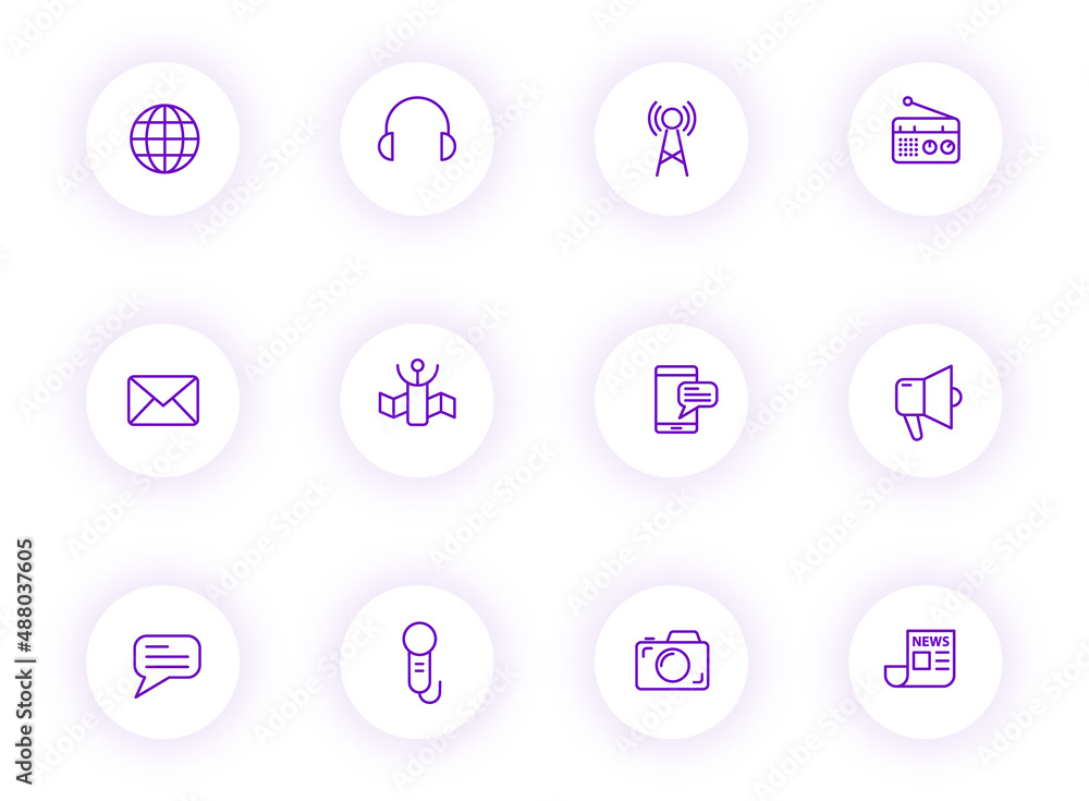 Poster media purple color outline vector icons on light round buttons with purple shadow. media icon set fo