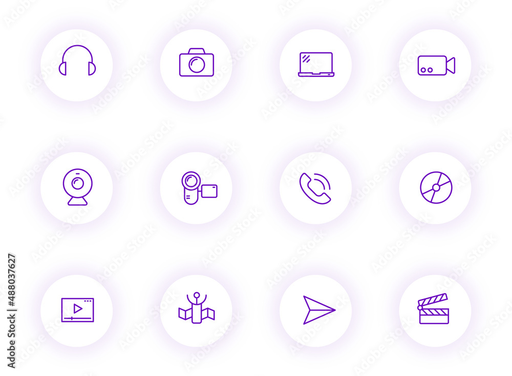 Poster media purple color outline vector icons on light round buttons with purple shadow. media icon set fo