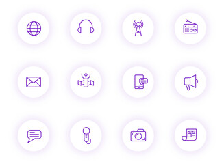 media purple color outline vector icons on light round buttons with purple shadow. media icon set for web, mobile apps, ui design and print