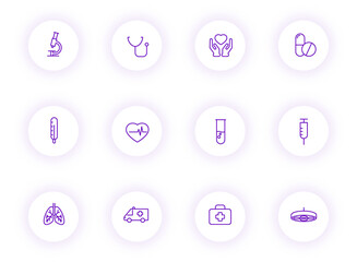 medical purple color outline vector icons on light round buttons with purple shadow. medical icon set for web, mobile apps, ui design and print