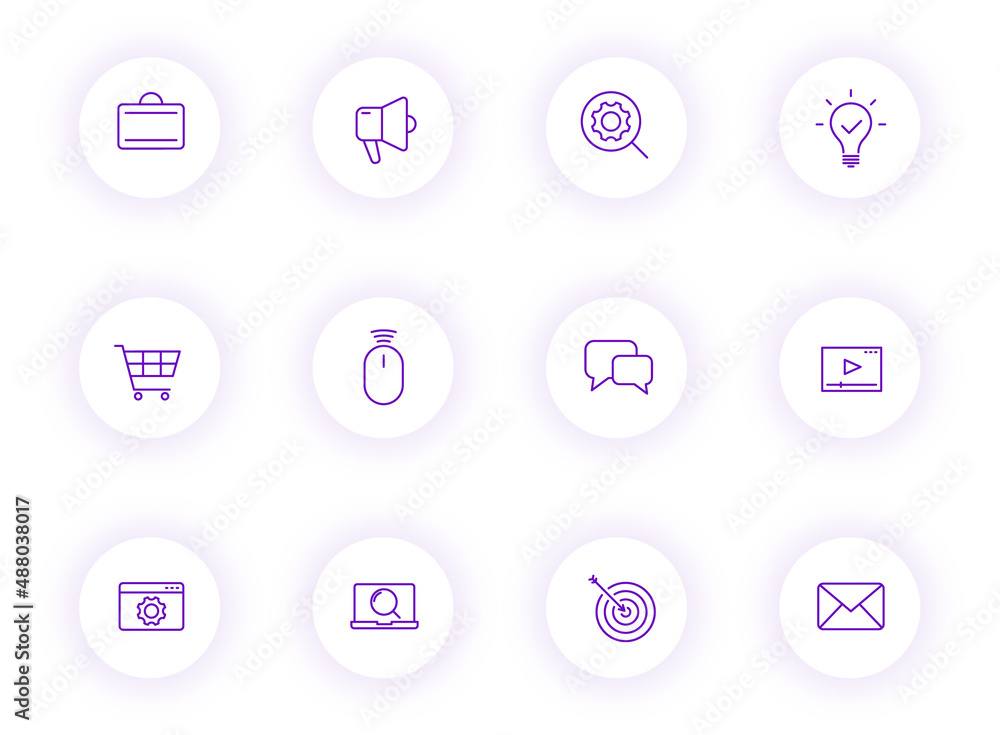 Poster seo purple color outline vector icons on light round buttons with purple shadow. seo icon set for we