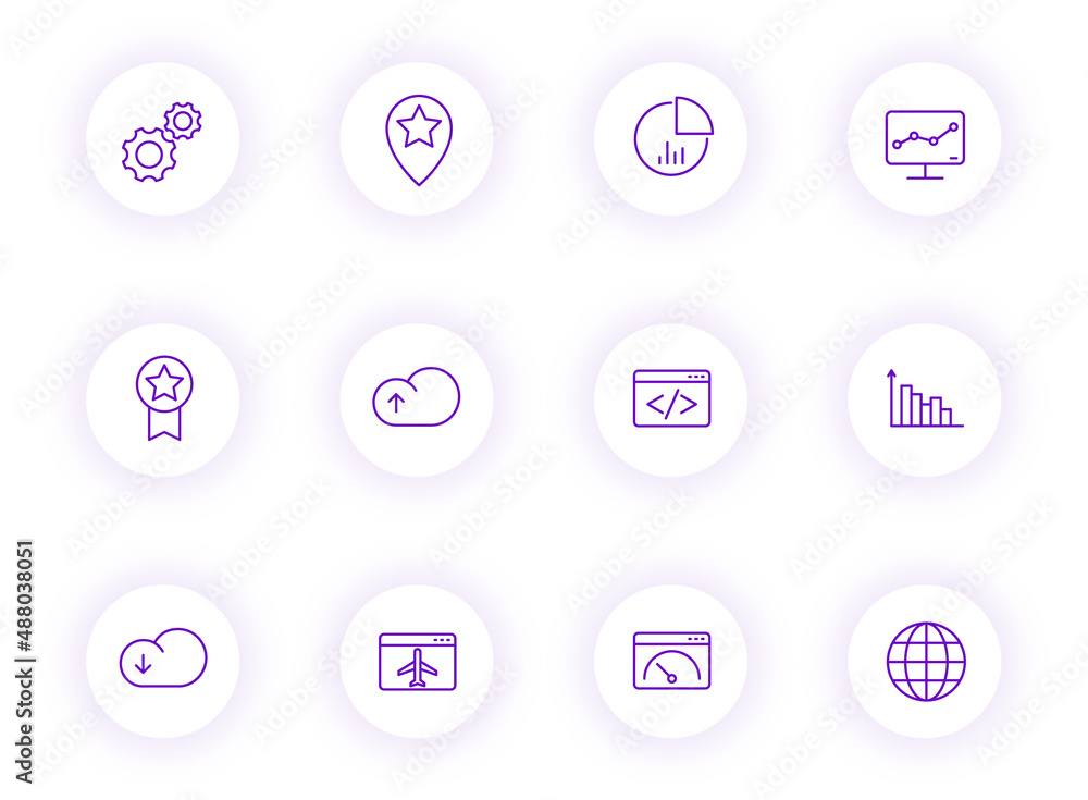 Poster seo purple color outline vector icons on light round buttons with purple shadow. seo icon set for we