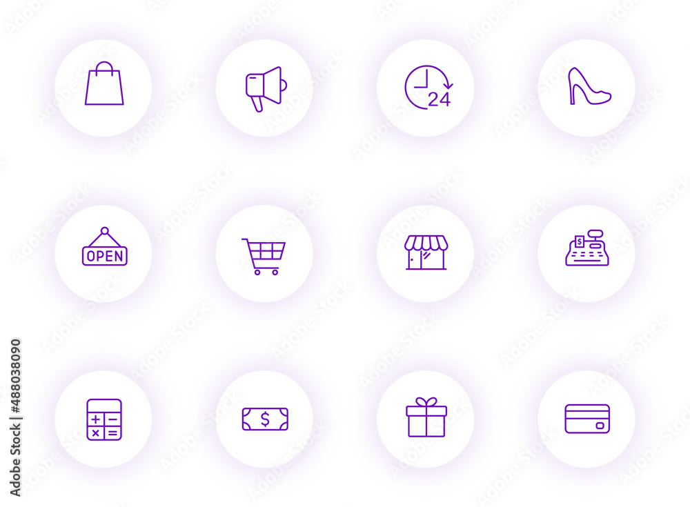 Poster shopping purple color outline vector icons on light round buttons with purple shadow. shopping icon 