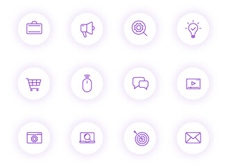 seo purple color outline vector icons on light round buttons with purple shadow. seo icon set for web, mobile apps, ui design and print