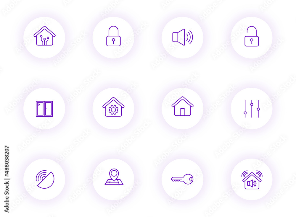 Poster smart home purple color outline vector icons on light round buttons with purple shadow. smart home i