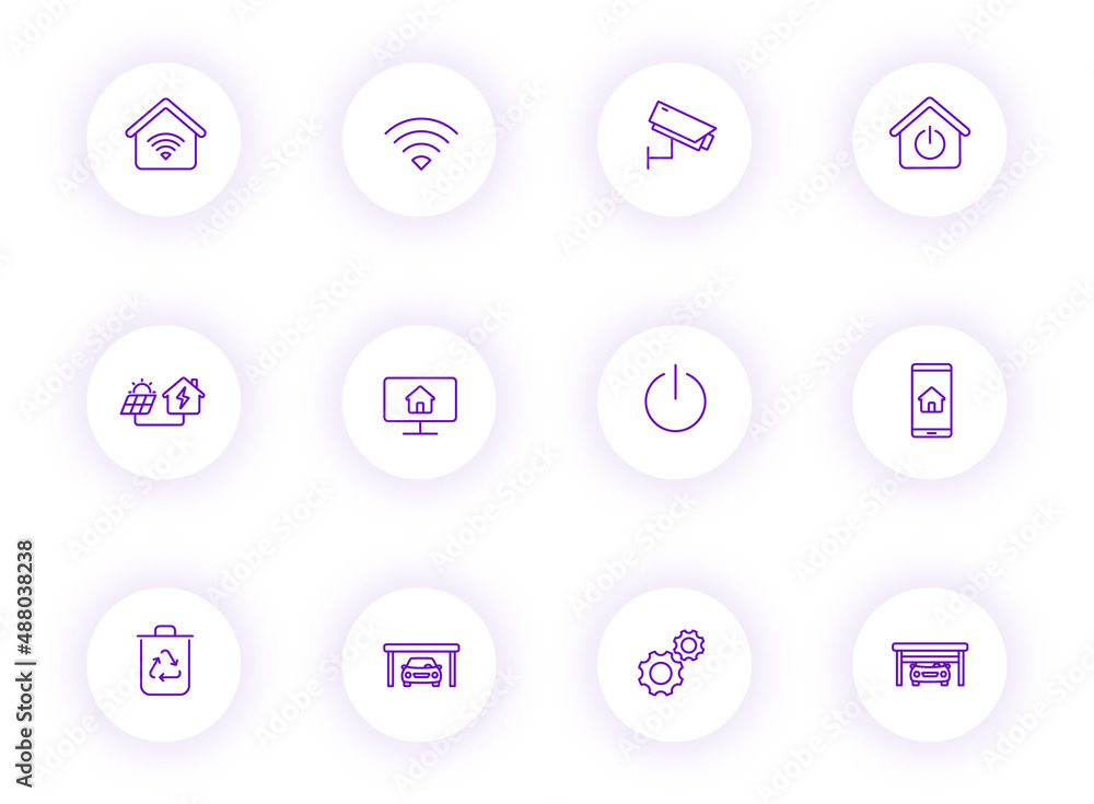 Poster smart home purple color outline vector icons on light round buttons with purple shadow. smart home i