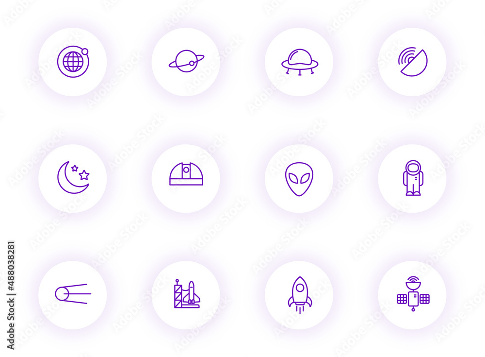 Poster space purple color outline vector icons on light round buttons with purple shadow. space icon set fo