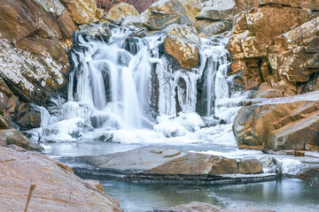 View of partially frozen Scott's Run waterfall.Scott's Run Nature Preserve.Fairfax...