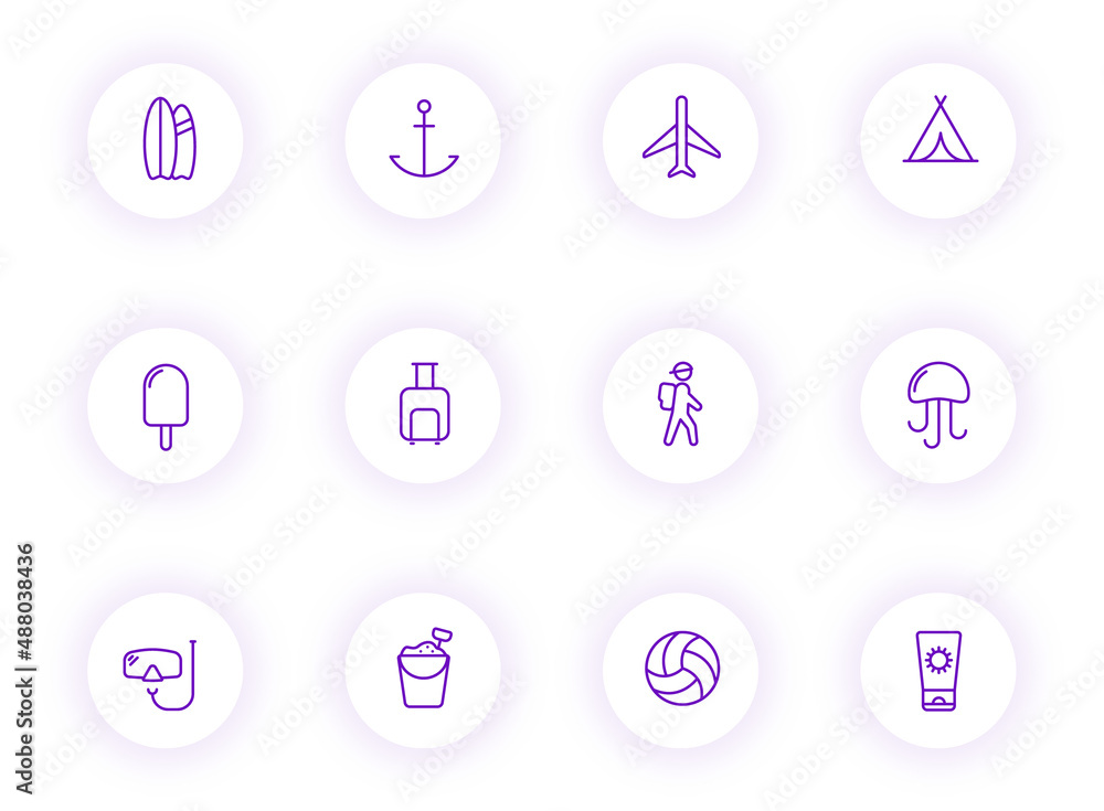 Poster summer purple color outline vector icons on light round buttons with purple shadow. summer icon set 