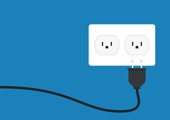 Black power cord vector. Black power cord cable plugged into blue wall outlet on blue wall with copy space.