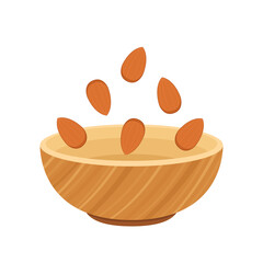 Almonds on Wood bowl in White background. Almonds and Bowl vector.