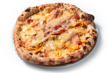 Deliziosa pizza gourmet italiana con speck, provola e fiori di zucca 