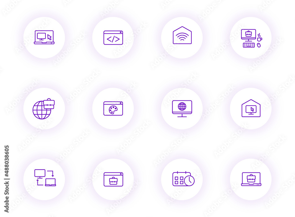 Poster work at home purple color outline vector icons on light round buttons with purple shadow. work at ho