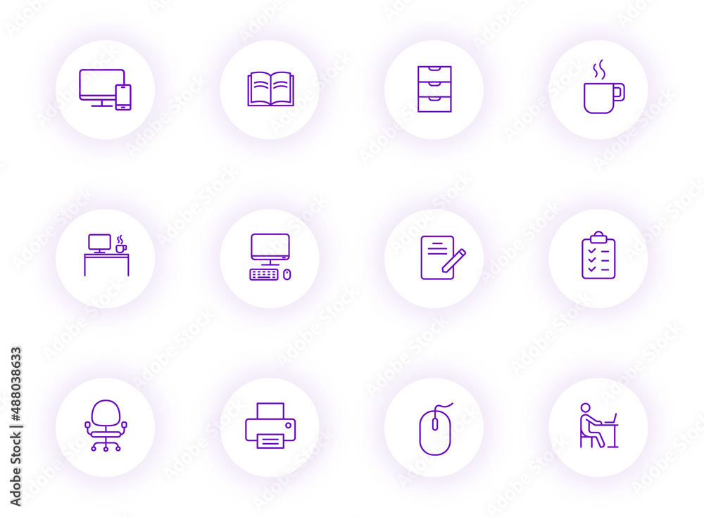Aufkleber workspace purple color outline vector icons on light round buttons with purple shadow. workspace ico