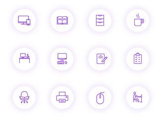 workspace purple color outline vector icons on light round buttons with purple shadow. workspace icon set for web, mobile apps, ui design and print