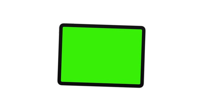 Tablet computer mockup with green screen isolated on white background. Animation with motion zoom effect