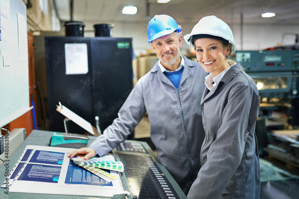 Poster portrait of a people working inside a printing, packaging and distribution factory. the commercial d