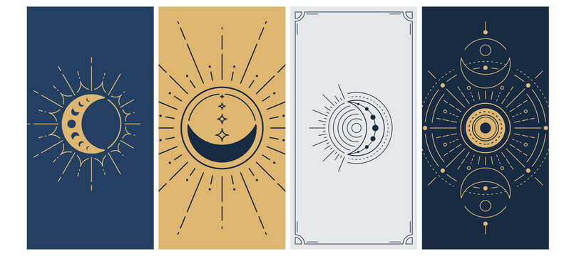 Moon and sun simple vector background in line minimal geometric style