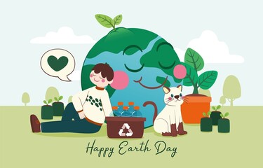 Obraz premium Human And Cat Sit Next to The Earth With Happy Face