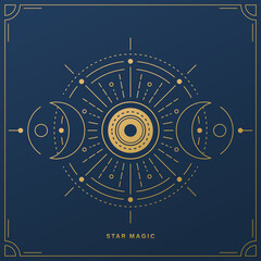 Moon phases vector background in simple line flat style. Golden