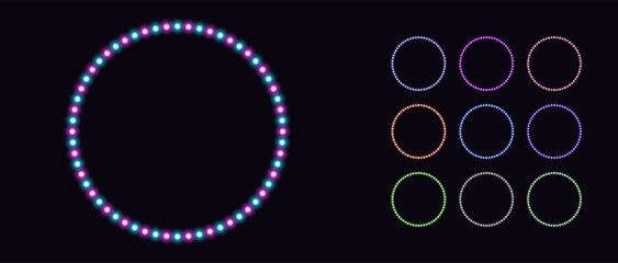 Neon circle frame with bicolor lamps. Glowing neon round border set with bulbs