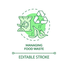 Managing food waste green concept icon. Garbage recycling. Urban comfort ideas abstract idea thin line illustration. Isolated outline drawing. Editable stroke. Arial, Myriad Pro-Bold fonts used