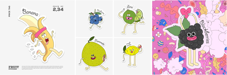 Banana, Blueberries, Lime, Pummelo, Rough lemon, Blackberries. Fruit. Set of vector stickers. Funny characters in doodle style. Hand-drawn cartoon icons with stroke.