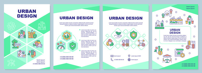 Fototapeta na wymiar Urban design green brochure template. City planning. Leaflet design with linear icons. 4 vector layouts for presentation, annual reports. Arial-Black, Myriad Pro-Regular fonts used