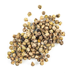 fragrant spice green pepper is scattered on a white isolated background. Top view