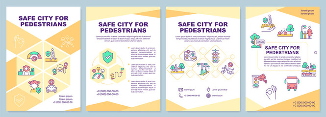 Fototapeta na wymiar Safe city for pedestrians yellow brochure template. Urban planning. Leaflet design with linear icons. 4 vector layouts for presentation, annual reports. Arial-Black, Myriad Pro-Regular fonts used